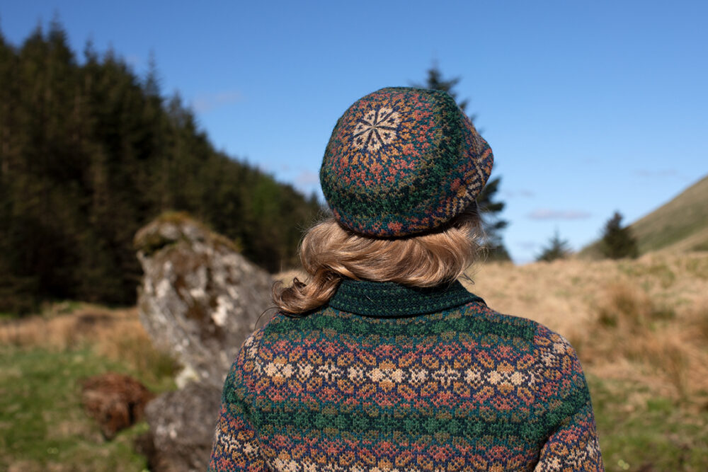 The Queen Anne's Lace Cardigan and Beret and Greeta gloves patterncard kit designs by Alice Starmore in Hebridean 2 Ply