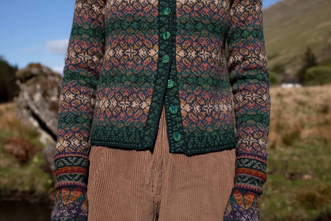 The Queen Anne's Lace Cardigan and Beret and Greeta gloves patterncard kit designs by Alice Starmore in Hebridean 2 Ply