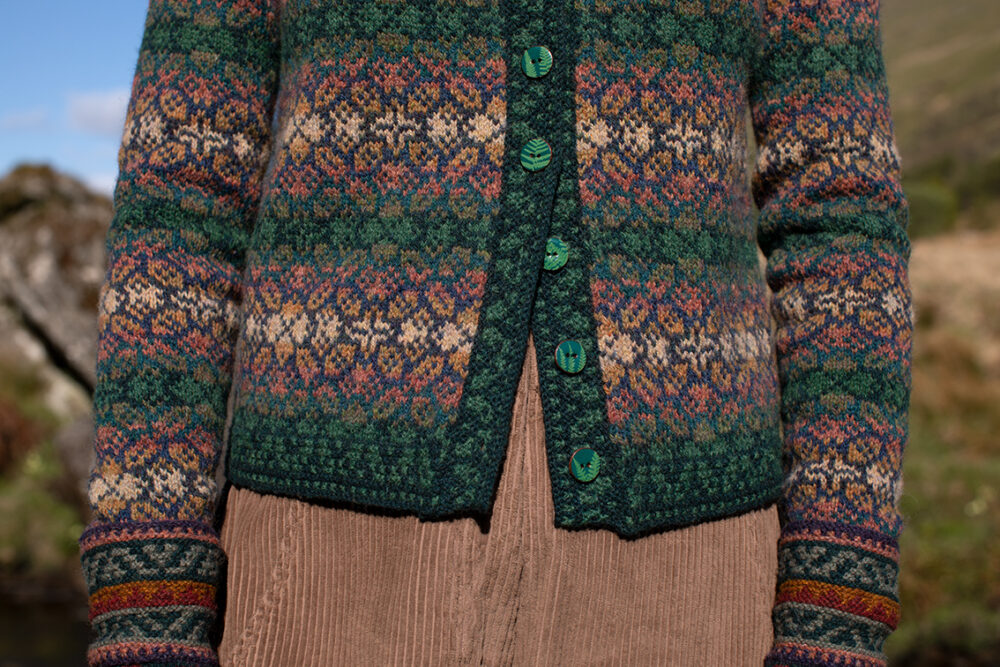 The Queen Anne's Lace Cardigan and Beret and Greeta gloves patterncard kit designs by Alice Starmore in Hebridean 2 Ply