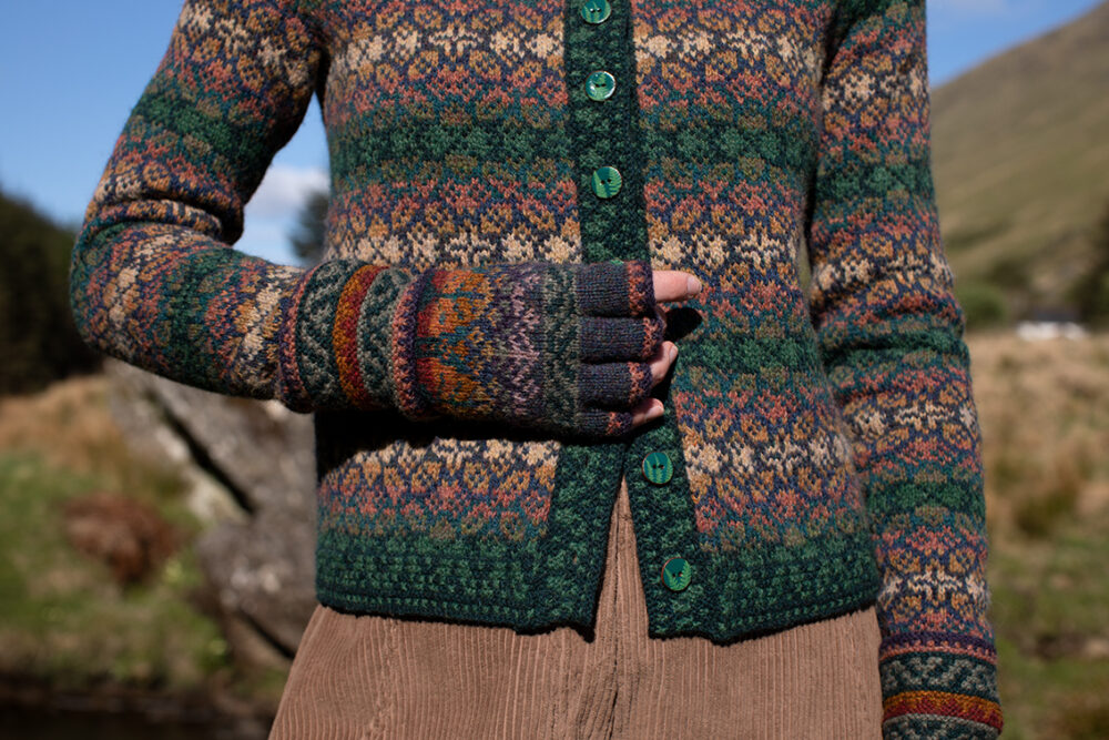 The Queen Anne's Lace Cardigan and Beret and Greeta gloves patterncard kit designs by Alice Starmore in Hebridean 2 Ply