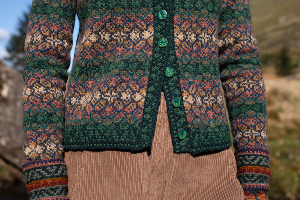 The Queen Anne's Lace Cardigan and Beret and Greeta gloves patterncard kit designs by Alice Starmore in Hebridean 2 Ply