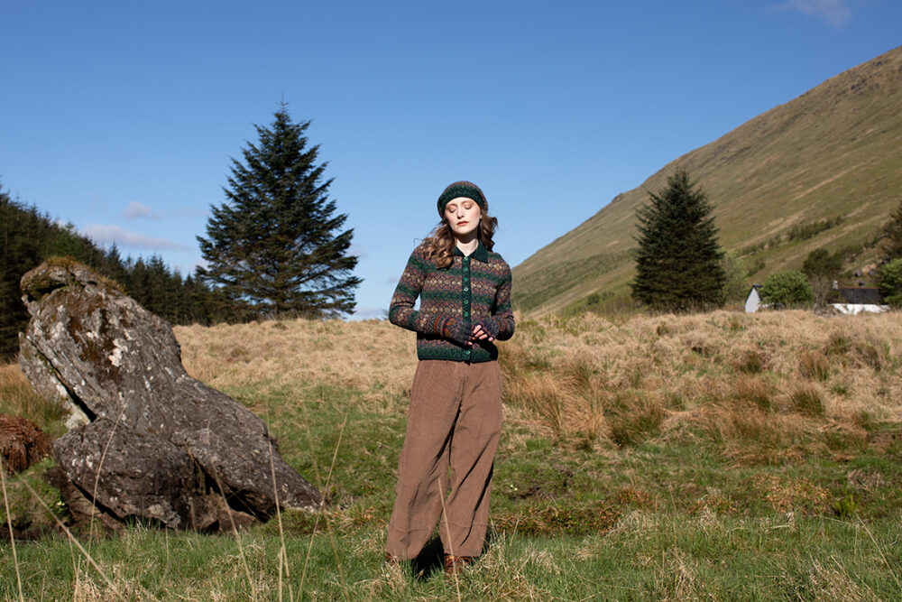 The Queen Anne's Lace Cardigan and Beret and Greeta gloves patterncard kit designs by Alice Starmore in Hebridean 2 Ply