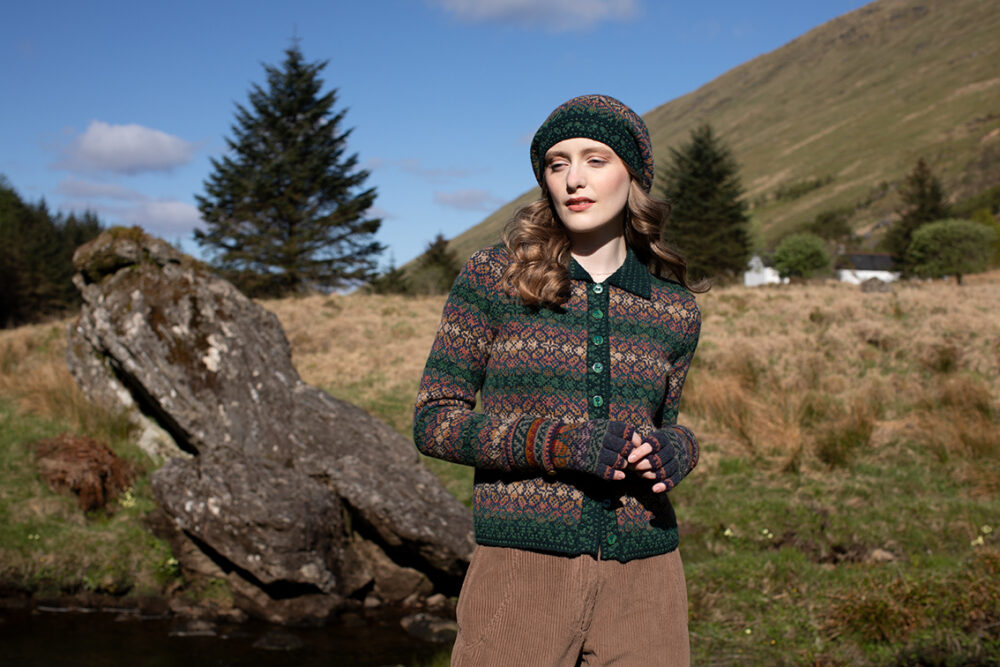 The Queen Anne's Lace Cardigan and Beret and Greeta gloves patterncard kit designs by Alice Starmore in Hebridean 2 Ply