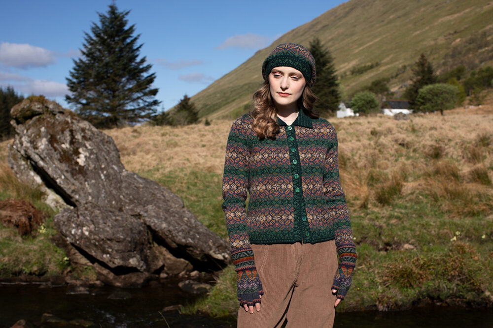 The Queen Anne's Lace Cardigan and Beret and Greeta gloves patterncard kit designs by Alice Starmore in Hebridean 2 Ply