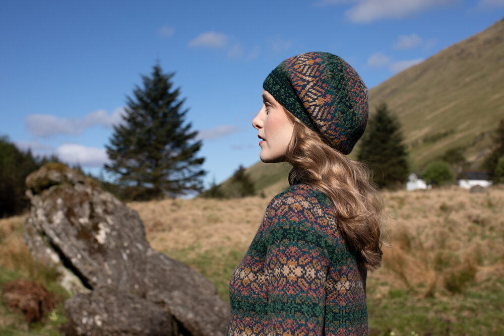The Queen Anne's Lace Cardigan and Beret and Greeta gloves patterncard kit designs by Alice Starmore in Hebridean 2 Ply