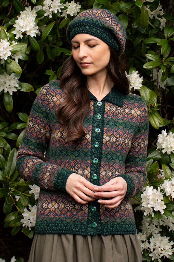 The Queen Anne's Lace Cardigan and Beret patterncard kit design by Alice Starmore in Hebridean 2 Ply