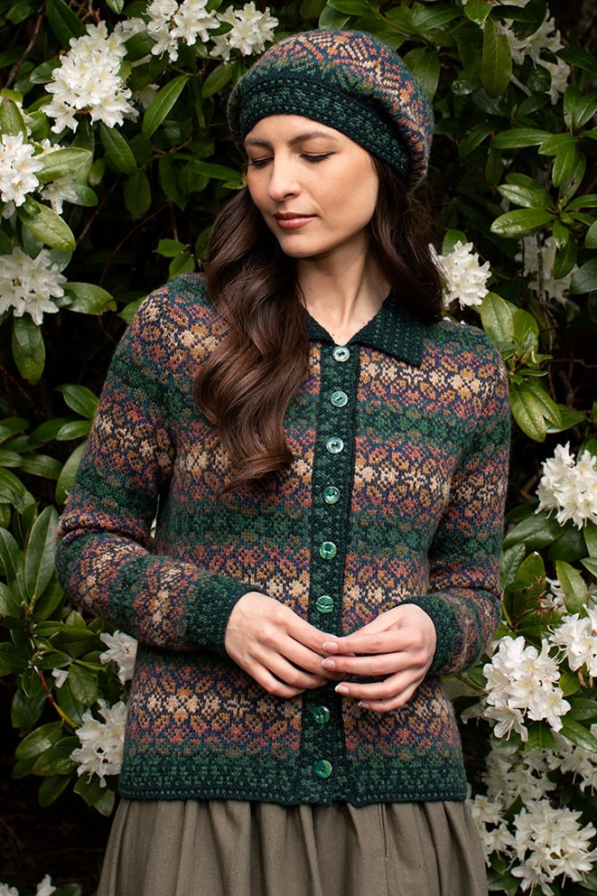 The Queen Anne's Lace Cardigan and Beret patterncard kit design by Alice Starmore in Hebridean 2 Ply