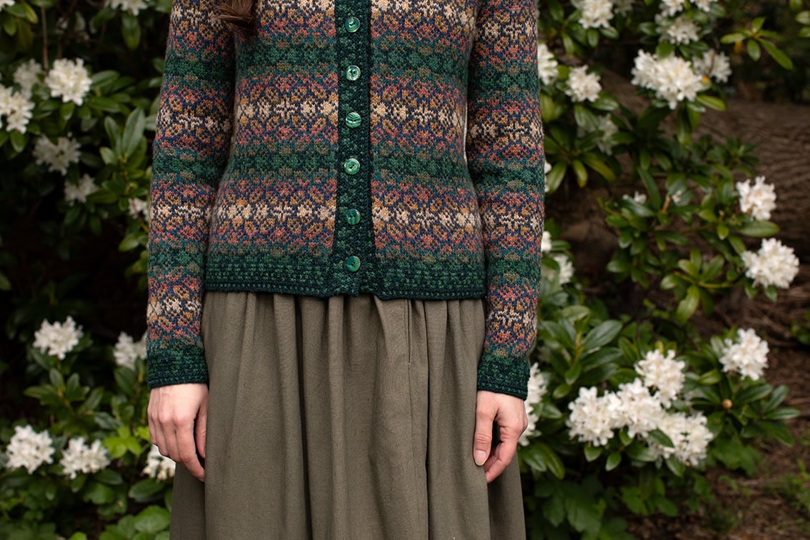 The Queen Anne's Lace Cardigan and Beret patterncard kit design by Alice Starmore in Hebridean 2 Ply