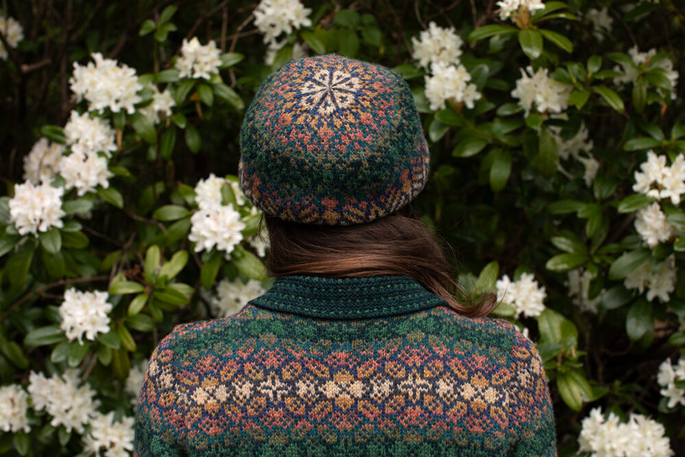 The Queen Anne's Lace Cardigan and Beret patterncard kit design by Alice Starmore in Hebridean 2 Ply