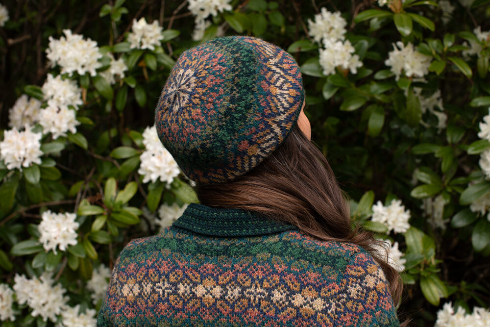 The Queen Anne's Lace Cardigan and Beret patterncard kit design by Alice Starmore in Hebridean 2 Ply