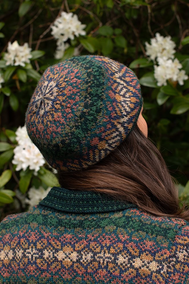 The Queen Anne's Lace Cardigan and Beret patterncard kit design by Alice Starmore in Hebridean 2 Ply