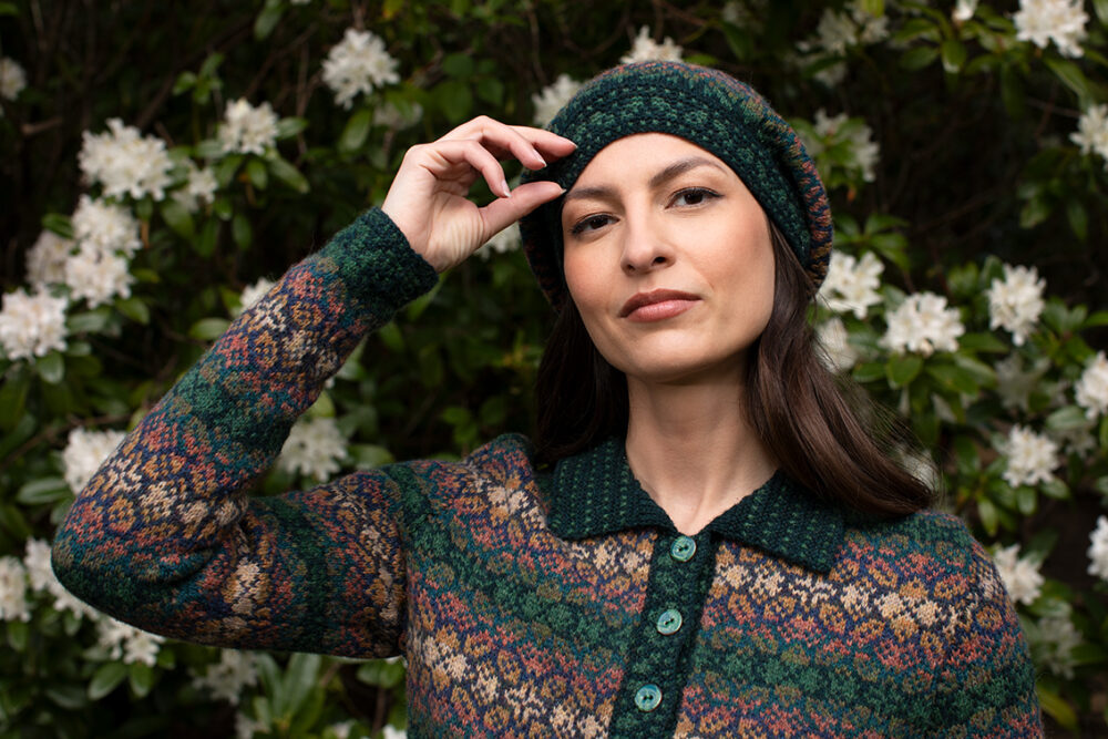 The Queen Anne's Lace Cardigan and Beret patterncard kit design by Alice Starmore in Hebridean 2 Ply