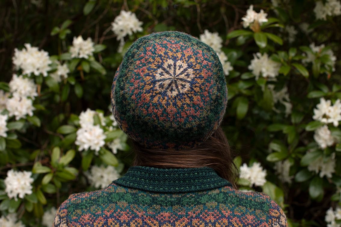 The Queen Anne's Lace Cardigan and Beret patterncard kit design by Alice Starmore in Hebridean 2 Ply
