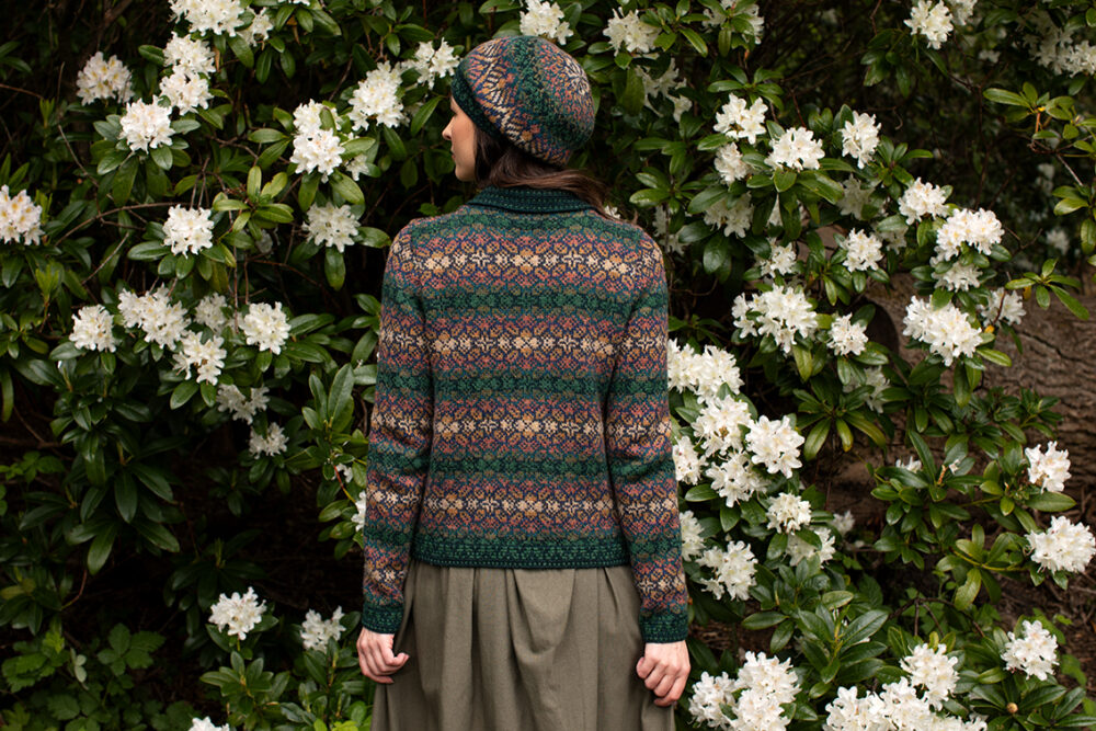 The Queen Anne's Lace Cardigan and Beret patterncard kit design by Alice Starmore in Hebridean 2 Ply