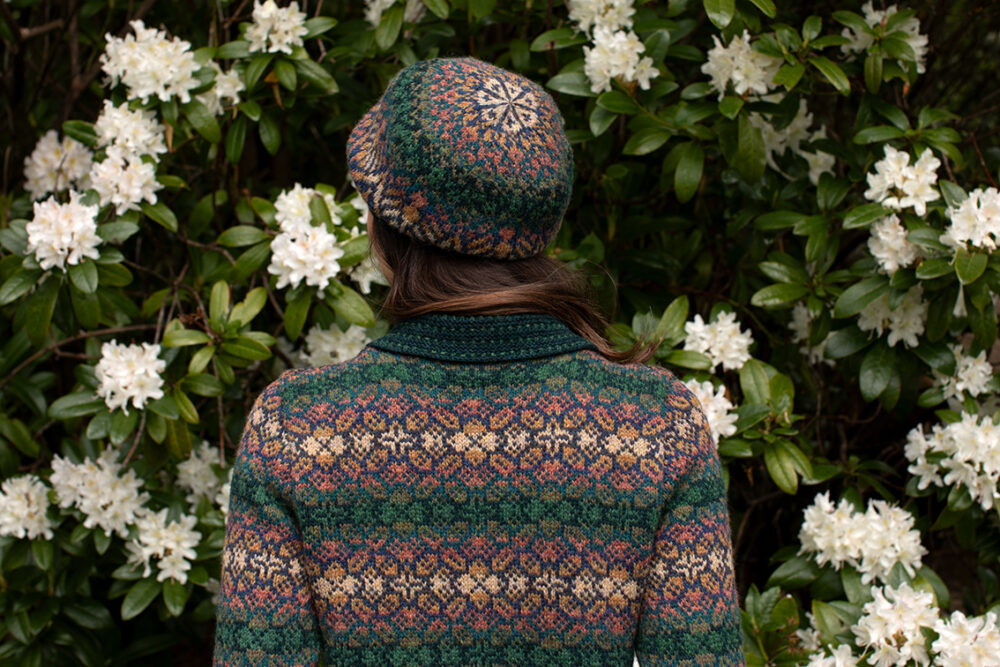 The Queen Anne's Lace Cardigan and Beret patterncard kit design by Alice Starmore in Hebridean 2 Ply