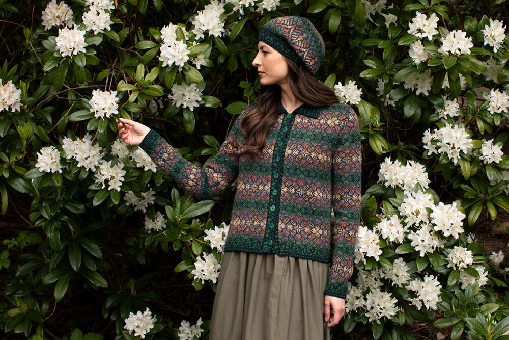 The Queen Anne's Lace Cardigan and Beret patterncard kit design by Alice Starmore in Hebridean 2 Ply