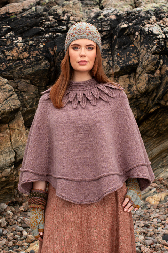 The Raven Poncho, Mountain Hare Hat and Hirta glvoes patterncard kit designs by Alice Starmore in Hebridean 2 & 3 Ply