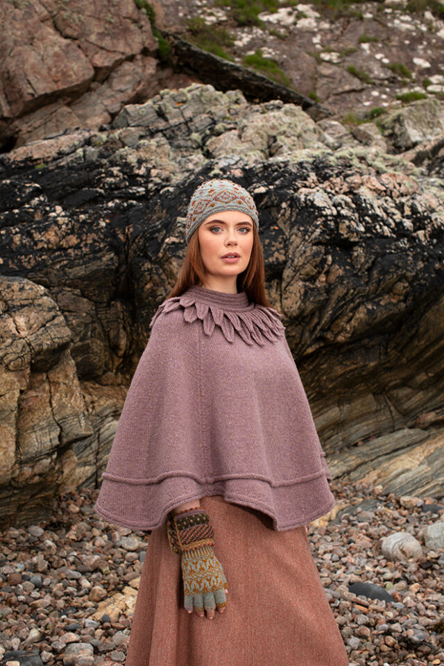 The Raven Poncho, Mountain Hare Hat and Hirta glvoes patterncard kit designs by Alice Starmore in Hebridean 2 & 3 Ply