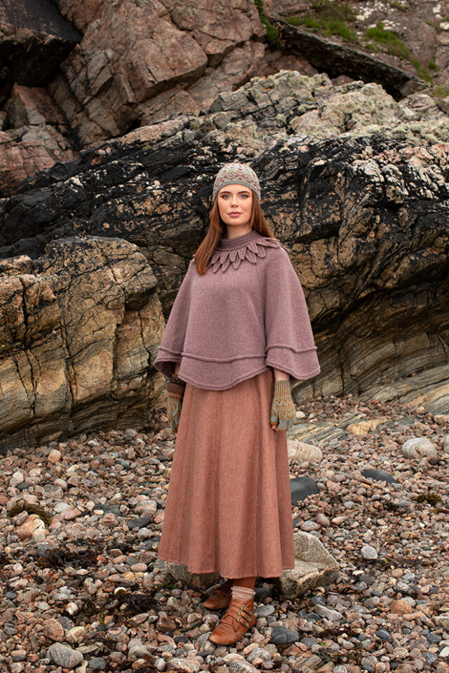 The Raven Poncho, Mountain Hare Hat and Hirta glvoes patterncard kit designs by Alice Starmore in Hebridean 2 & 3 Ply