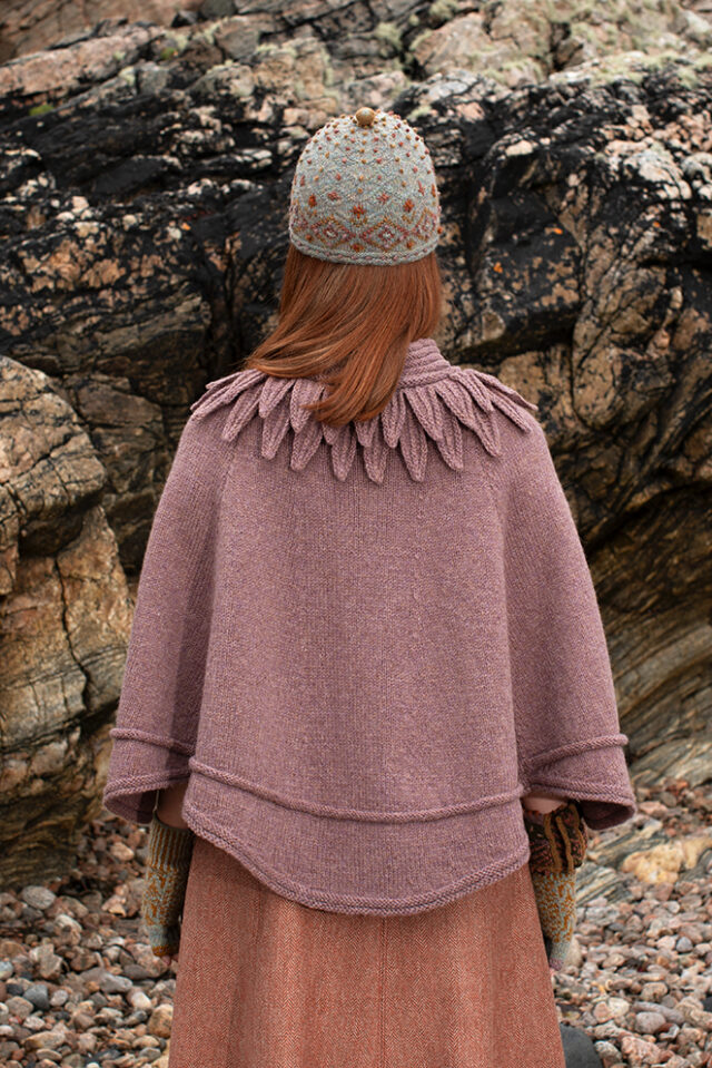 The Raven Poncho, Mountain Hare Hat and Hirta glvoes patterncard kit designs by Alice Starmore in Hebridean 2 & 3 Ply