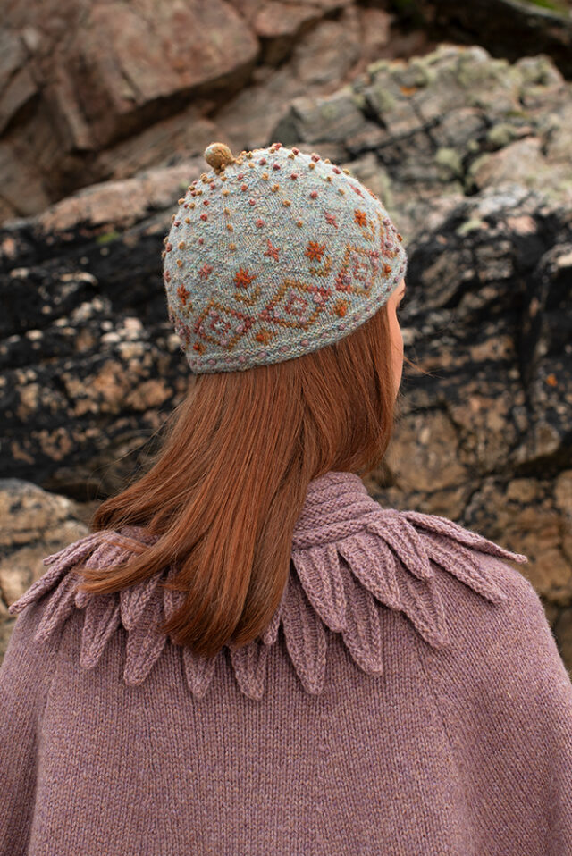 The Raven Poncho, Mountain Hare Hat and Hirta glvoes patterncard kit designs by Alice Starmore in Hebridean 2 & 3 Ply