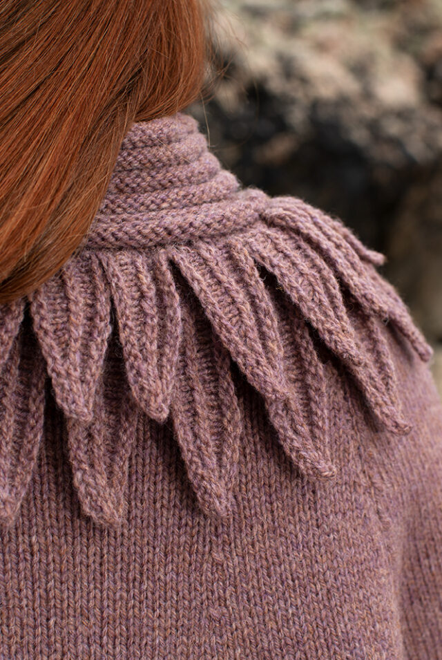 The Raven Poncho, Mountain Hare Hat and Hirta glvoes patterncard kit designs by Alice Starmore in Hebridean 2 & 3 Ply