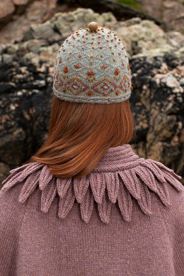 The Raven Poncho, Mountain Hare Hat and Hirta glvoes patterncard kit designs by Alice Starmore in Hebridean 2 & 3 Ply