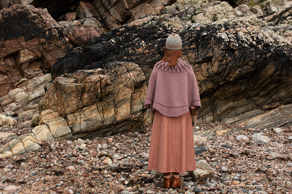 The Raven Poncho, Mountain Hare Hat and Hirta glvoes patterncard kit designs by Alice Starmore in Hebridean 2 & 3 Ply