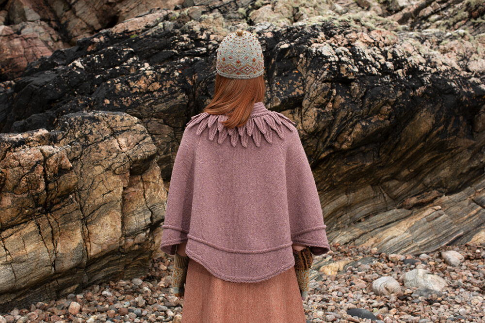 The Raven Poncho, Mountain Hare Hat and Hirta glvoes patterncard kit designs by Alice Starmore in Hebridean 2 & 3 Ply