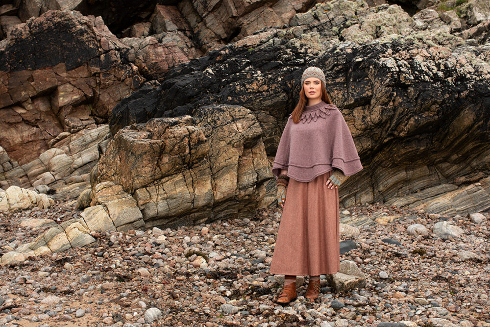 The Raven Poncho, Mountain Hare Hat and Hirta glvoes patterncard kit designs by Alice Starmore in Hebridean 2 & 3 Ply