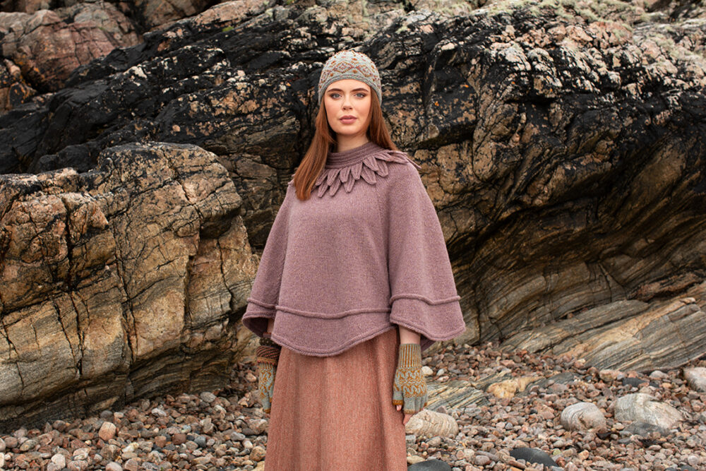 The Raven Poncho, Mountain Hare Hat and Hirta glvoes patterncard kit designs by Alice Starmore in Hebridean 2 & 3 Ply