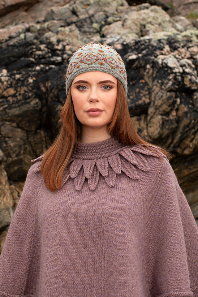 The Raven Poncho, Mountain Hare Hat and Hirta glvoes patterncard kit designs by Alice Starmore in Hebridean 2 & 3 Ply