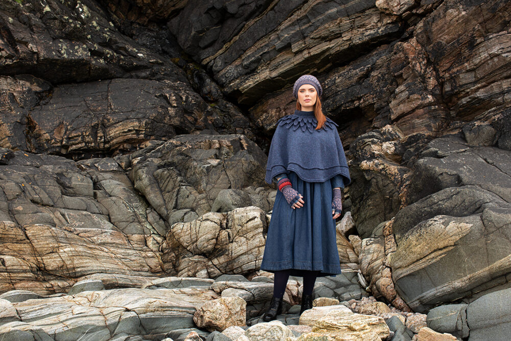 The Raven Poncho and Hirta Hat Set patterncard kit designs by Alice Starmore in Hebridean 2 & 3 Ply and a cuff from Creative Course 2