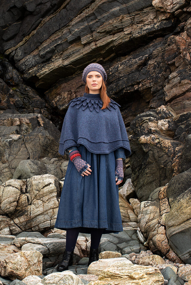 The Raven Poncho and Hirta Hat Set patterncard kit designs by Alice Starmore in Hebridean 2 & 3 Ply and a cuff from Creative Course 2