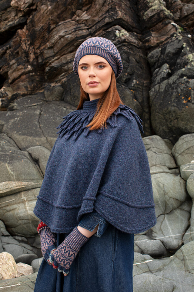 The Raven Poncho and Hirta Hat Set patterncard kit designs by Alice Starmore in Hebridean 2 & 3 Ply and a cuff from Creative Course 2