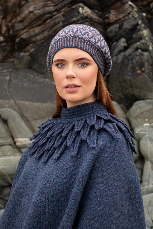 The Raven Poncho and Hirta Hat Set patterncard kit designs by Alice Starmore in Hebridean 2 & 3 Ply and a cuff from Creative Course 2