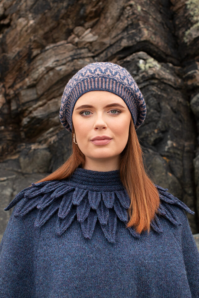 The Raven Poncho and Hirta Hat Set patterncard kit designs by Alice Starmore in Hebridean 2 & 3 Ply and a cuff from Creative Course 2
