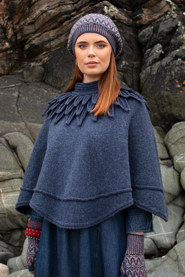The Raven Poncho and Hirta Hat Set patterncard kit designs by Alice Starmore in Hebridean 2 & 3 Ply and a cuff from Creative Course 2