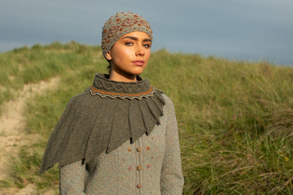 The Eagle Wrap and Mountain Hare Jacket & Hat patterncard kit designs by Alice Starmore in Hebridean 2 & 3 Ply