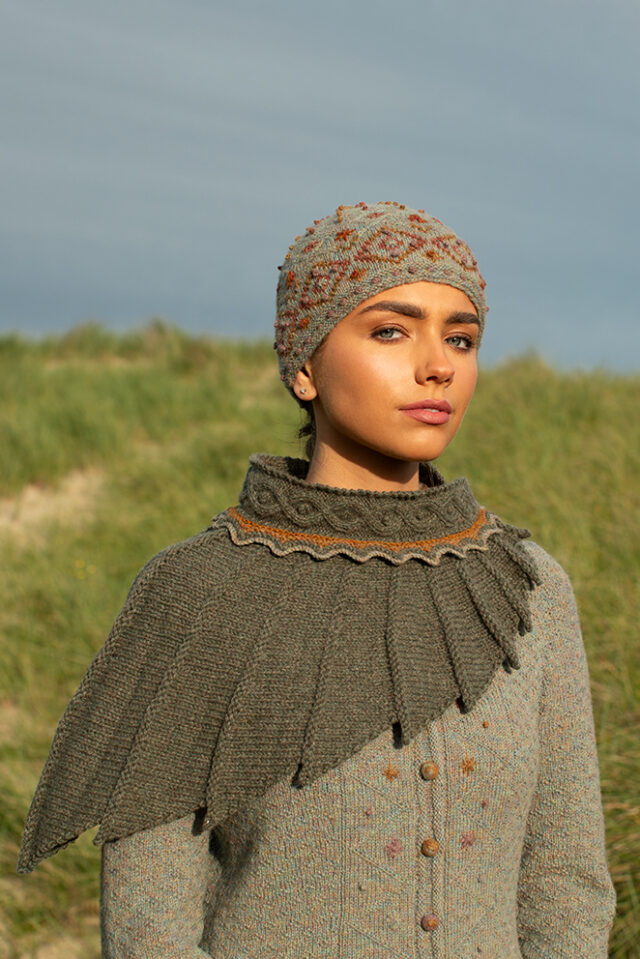 The Eagle Wrap and Mountain Hare Jacket & Hat patterncard kit designs by Alice Starmore in Hebridean 2 & 3 Ply