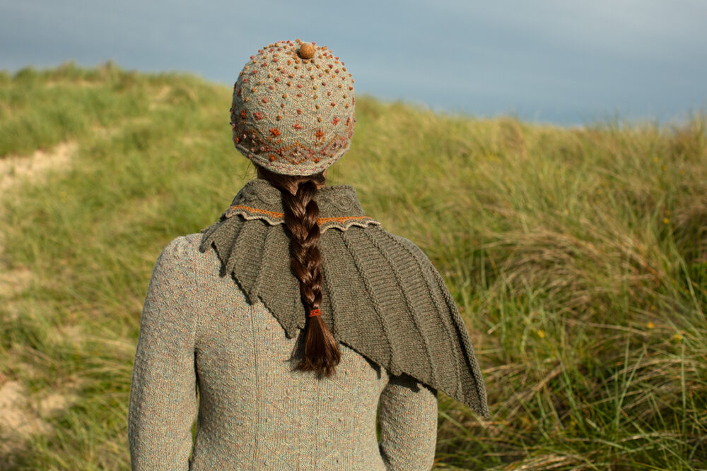 The Eagle Wrap and Mountain Hare Jacket & Hat patterncard kit designs by Alice Starmore in Hebridean 2 & 3 Ply