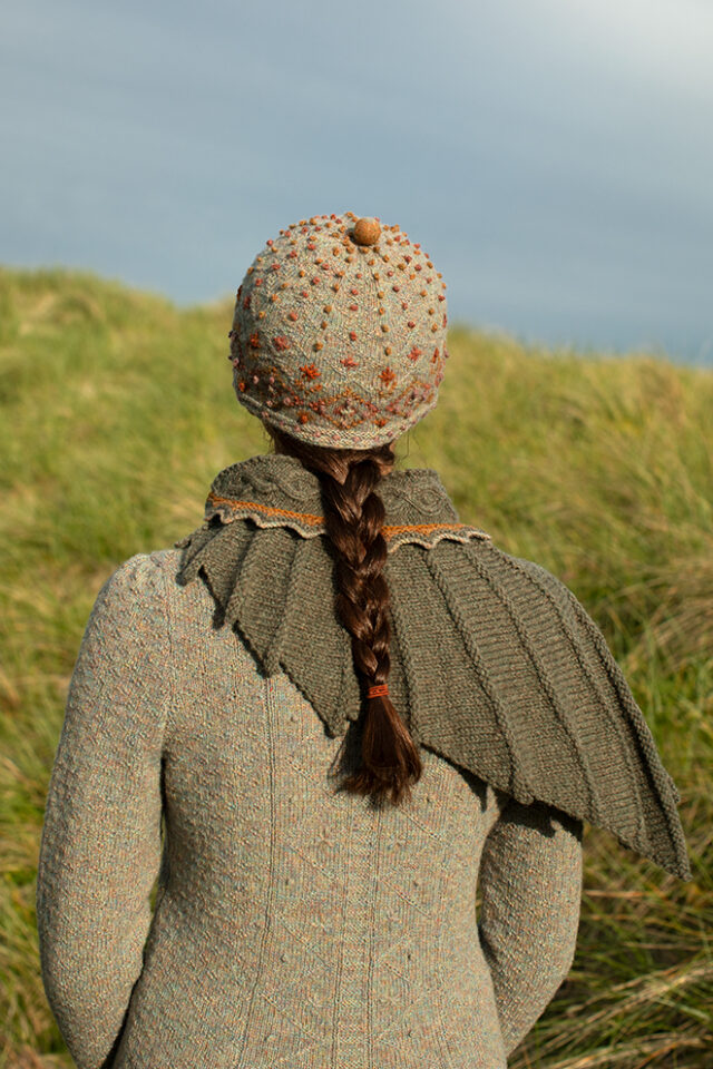 The Eagle Wrap and Mountain Hare Jacket & Hat patterncard kit designs by Alice Starmore in Hebridean 2 & 3 Ply