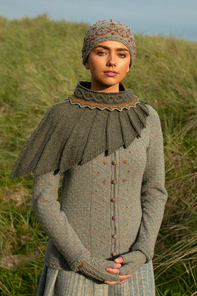 The Eagle Wrap and Mountain Hare Jacket & Hat patterncard kit designs by Alice Starmore in Hebridean 2 & 3 Ply