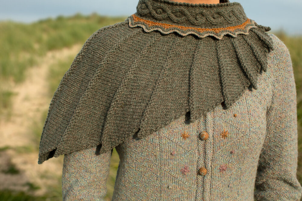The Eagle Wrap and Mountain Hare Jacket & Hat patterncard kit designs by Alice Starmore in Hebridean 2 & 3 Ply
