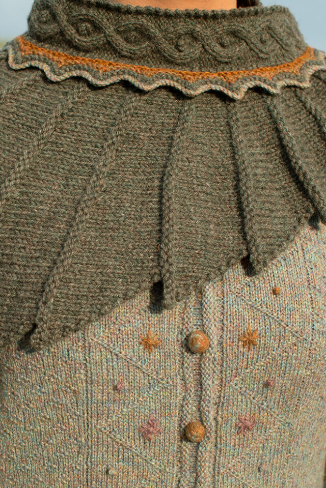 The Eagle Wrap and Mountain Hare Jacket & Hat patterncard kit designs by Alice Starmore in Hebridean 2 & 3 Ply