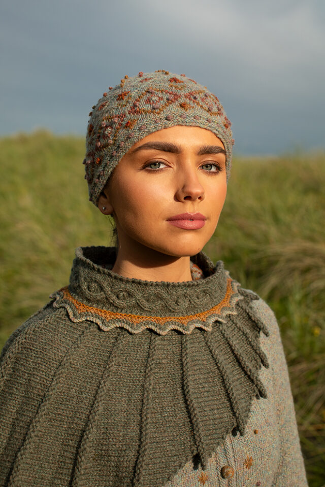 The Eagle Wrap and Mountain Hare Jacket & Hat patterncard kit designs by Alice Starmore in Hebridean 2 & 3 Ply