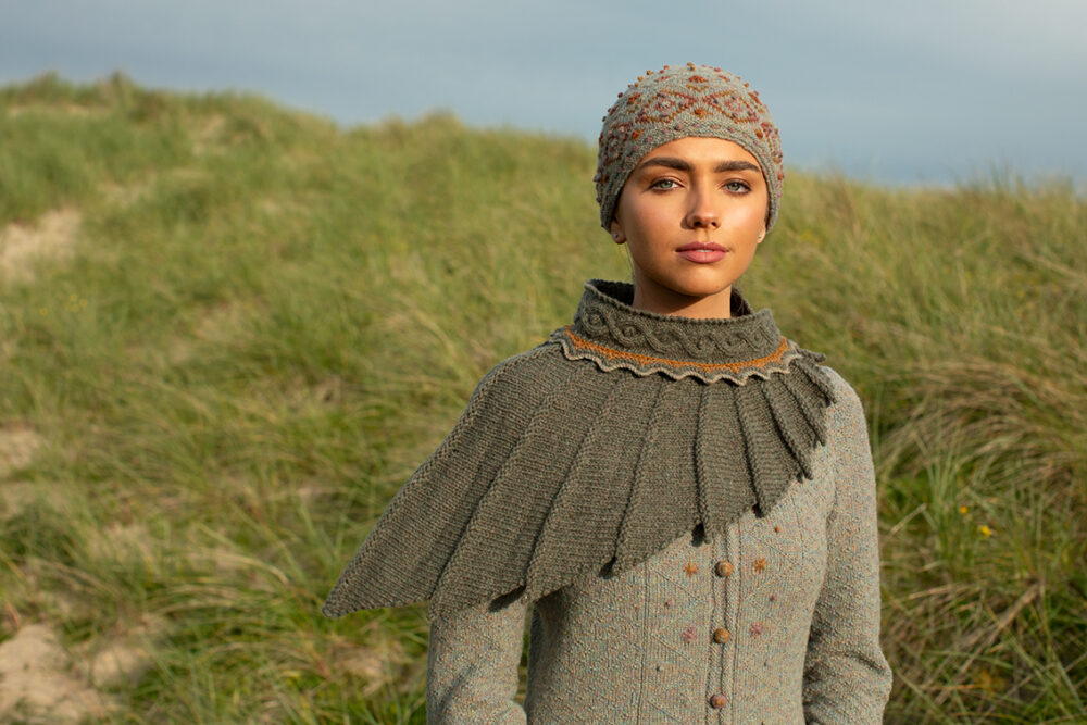The Eagle Wrap and Mountain Hare Jacket & Hat patterncard kit designs by Alice Starmore in Hebridean 2 & 3 Ply