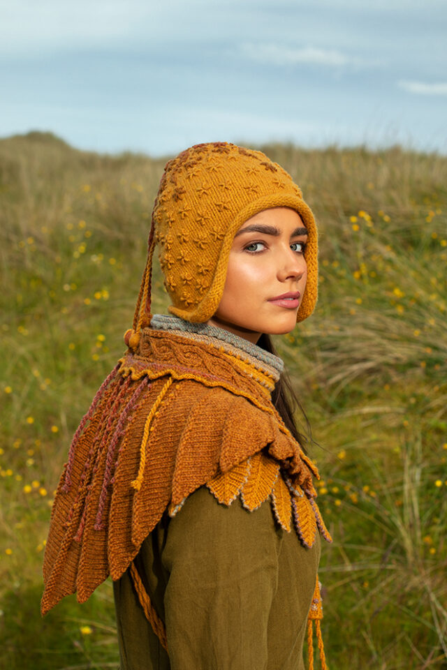 The Eagle Wrap and Eagle Collar patterncard kit designs by Alice Starmore and the Sporran Bag and Hare Hat from Creative Course 1 & 2 in Hebridean 2 & 3 Ply