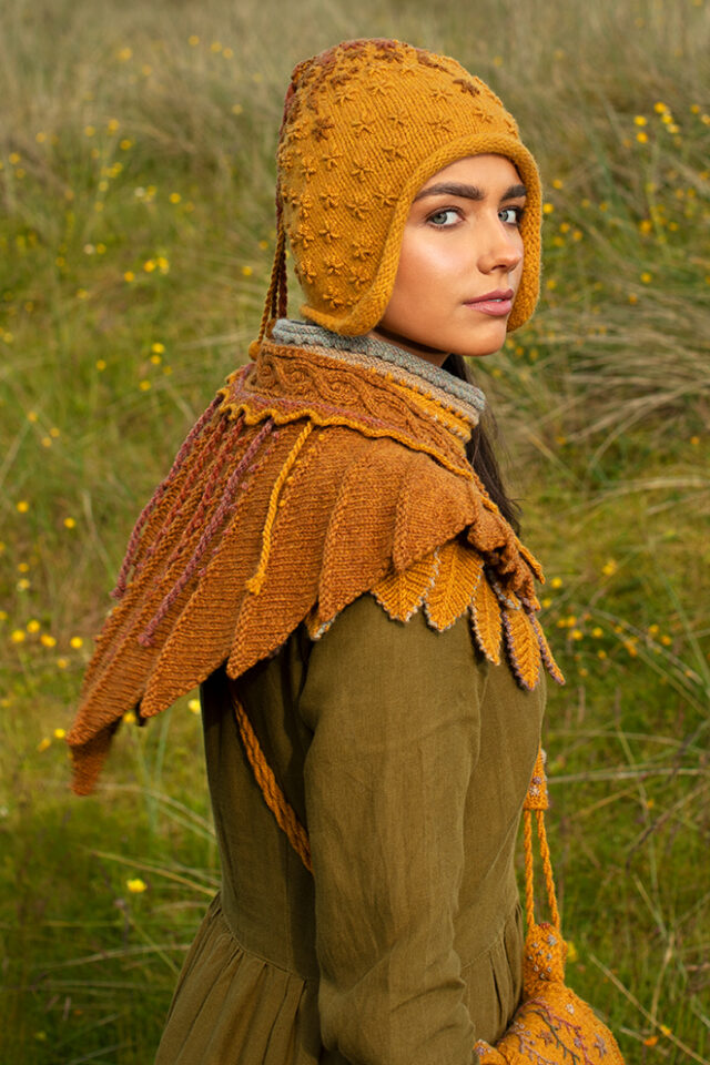 The Eagle Wrap and Eagle Collar patterncard kit designs by Alice Starmore and the Sporran Bag and Hare Hat from Creative Course 1 & 2 in Hebridean 2 & 3 Ply