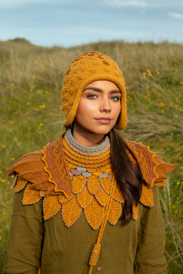 The Eagle Wrap and Eagle Collar patterncard kit designs by Alice Starmore and the Sporran Bag and Hare Hat from Creative Course 1 & 2 in Hebridean 2 & 3 Ply